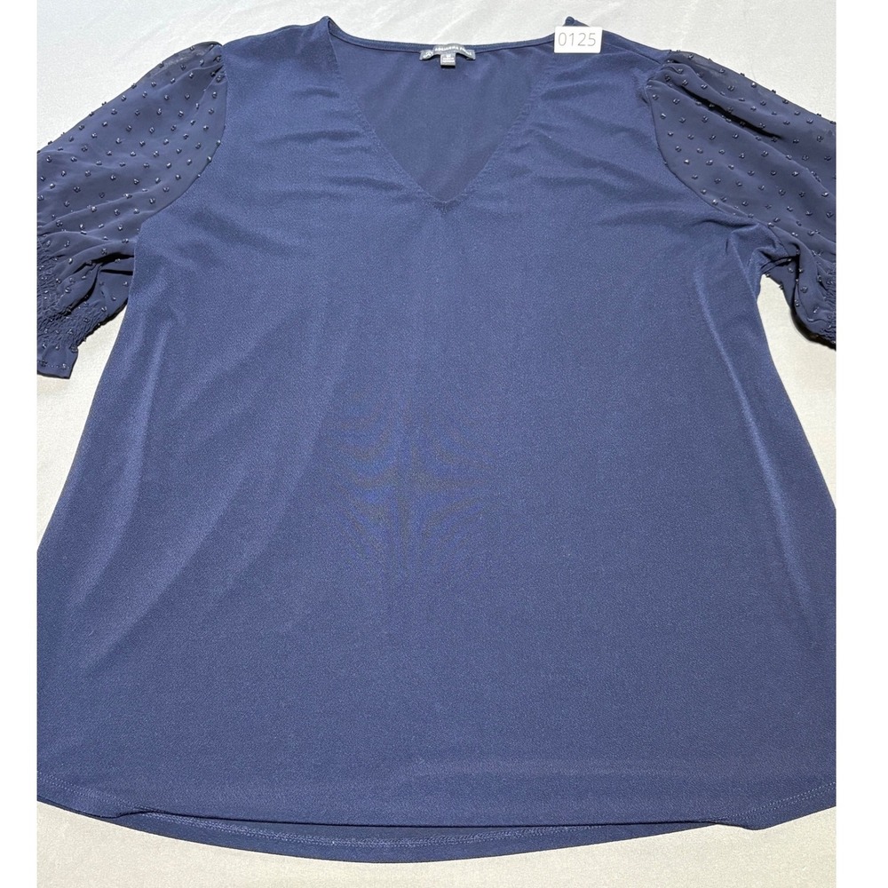 Adrianna Papell Navy Blue Swiss Dot Smocked Puff Sleeve V-Neck Blouse 1X